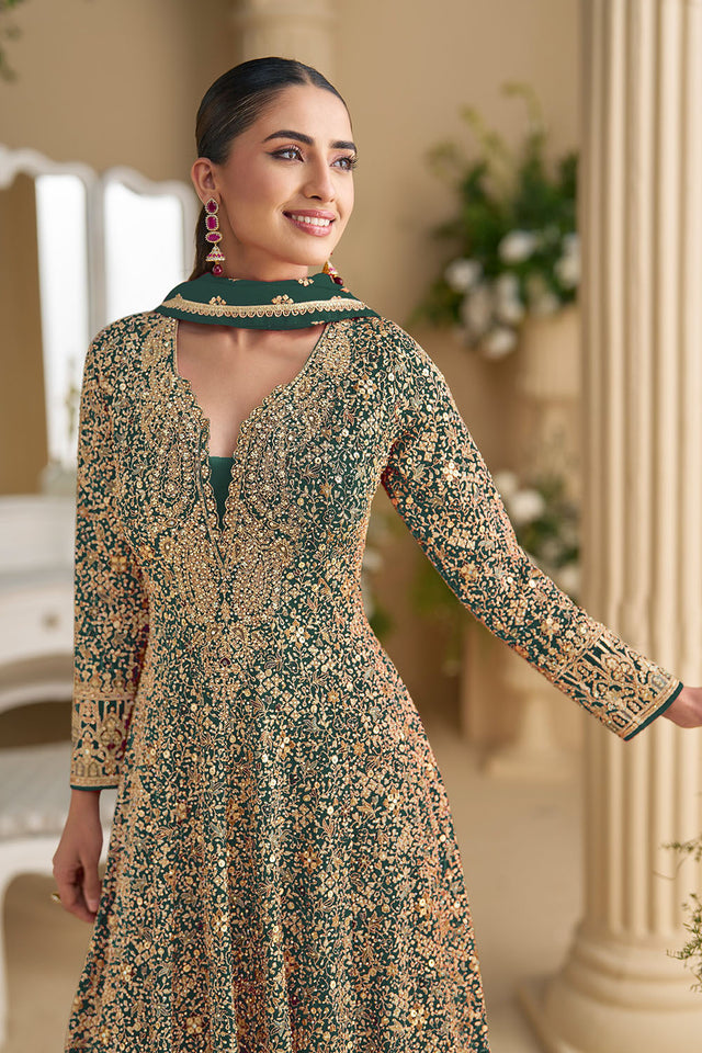 Free Size Stitched Green Sequin with Embroidered Georgette Gown (ACA5869)