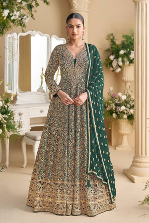 Free Size Stitched Green Sequin with Embroidered Georgette Gown (ACA5869)