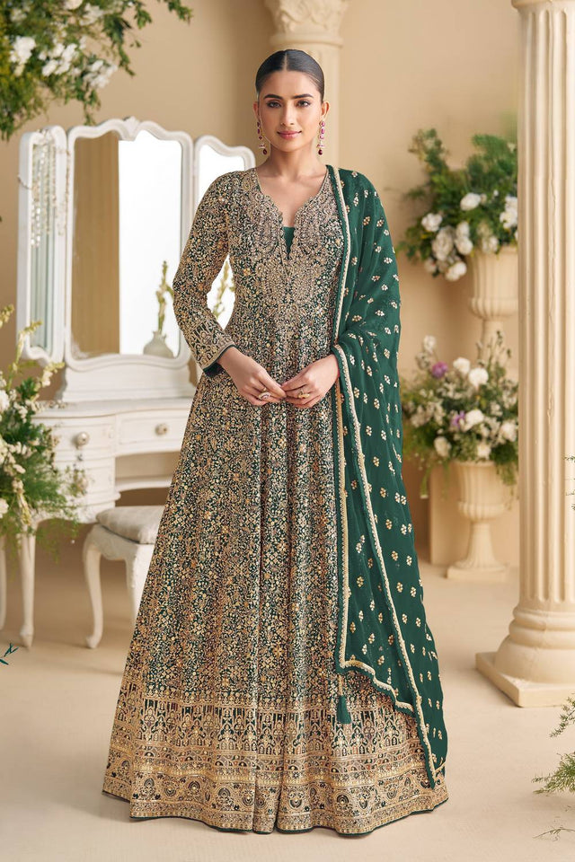 Free Size Stitched Green Sequin with Embroidered Georgette Gown (ACA5869)