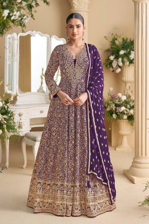 Purple Sequin with Embroidered Georgette Gown (ACA5870)