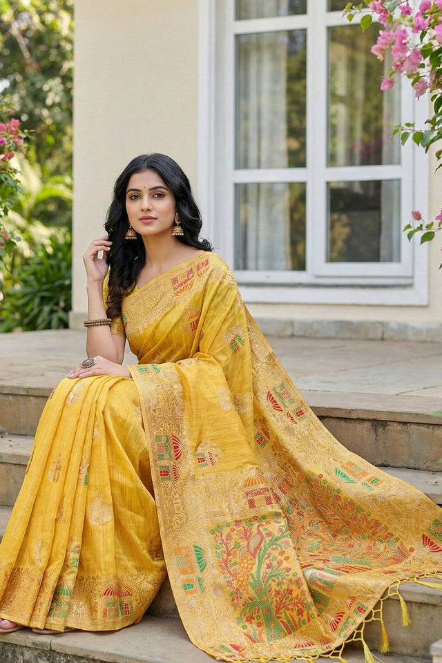 Yellow Woven Linen Saree (ACA5871)