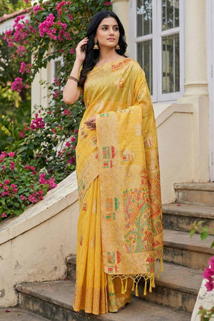 Yellow Woven Linen Saree (ACA5871)