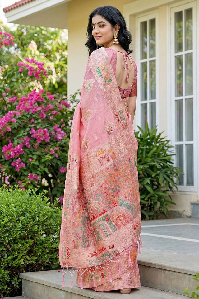 Pink Woven Linen Saree (ACA5872)
