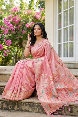 Pink Woven Linen Saree (ACA5872)