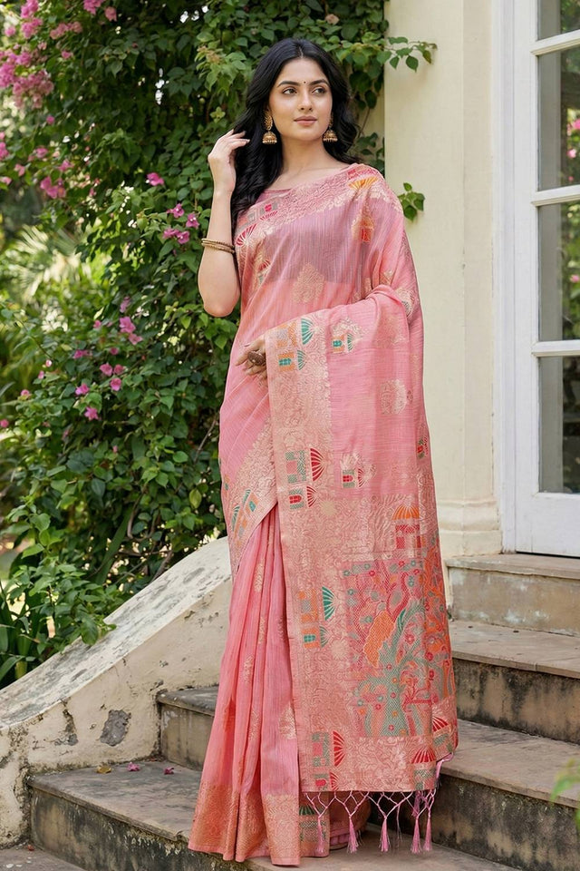 Pink Woven Linen Saree (ACA5872)