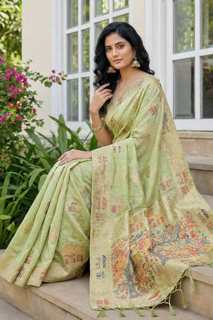 Green Woven Linen Saree (ACA5873)