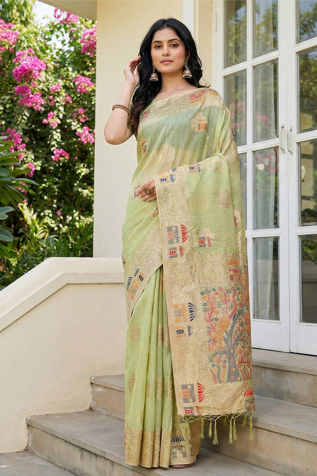 Green Woven Linen Saree (ACA5873)