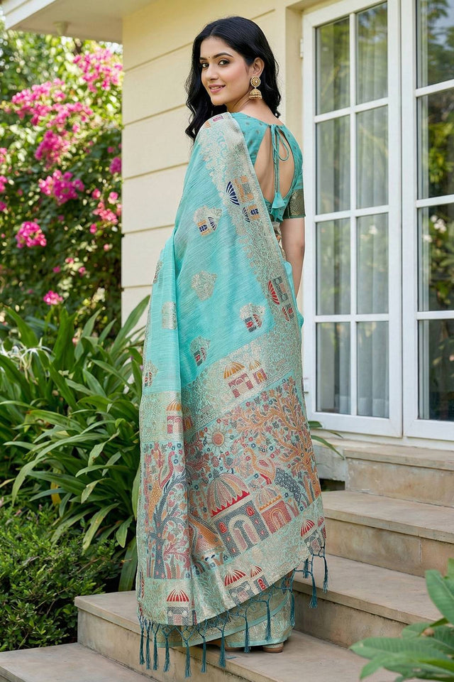Blue Woven Linen Saree (ACA5874)