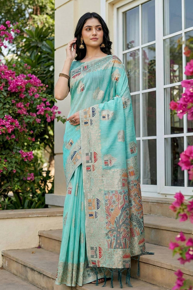 Blue Woven Linen Saree (ACA5874)