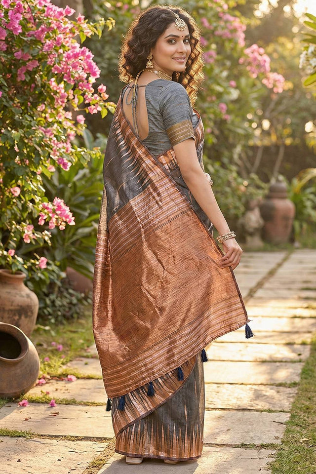 Grey Woven Linen Saree (ACA5875)