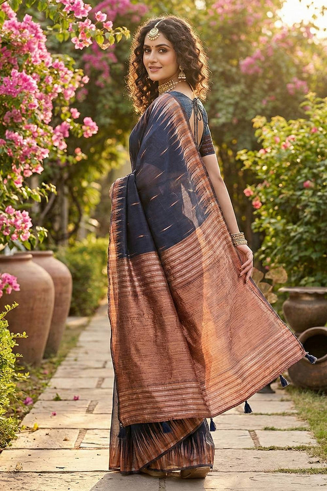 Navy Blue Woven Linen Saree (ACA5878)