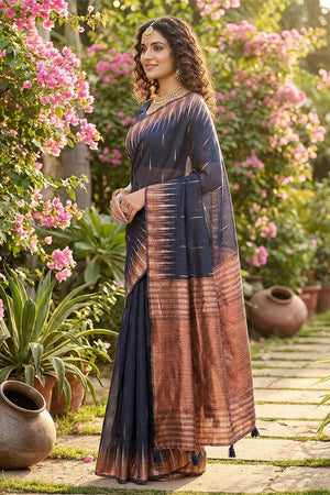 Navy Blue Woven Linen Saree (ACA5878)