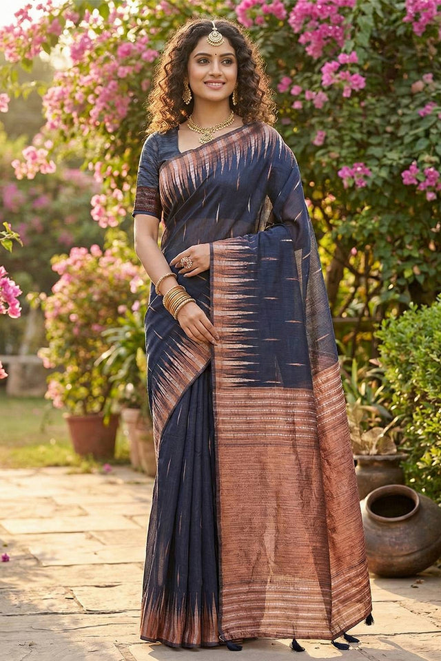 Navy Blue Woven Linen Saree (ACA5878)