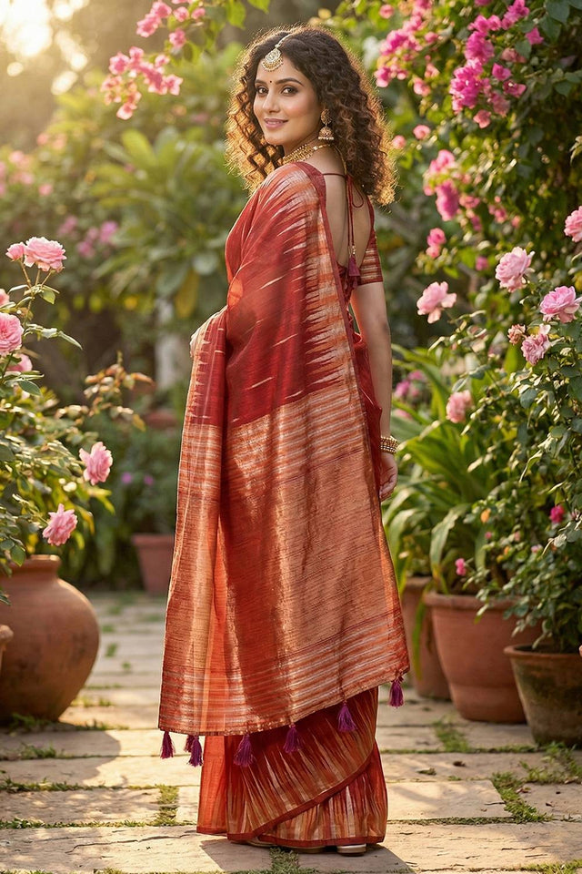 Maroon Woven Linen Saree (ACA5879)