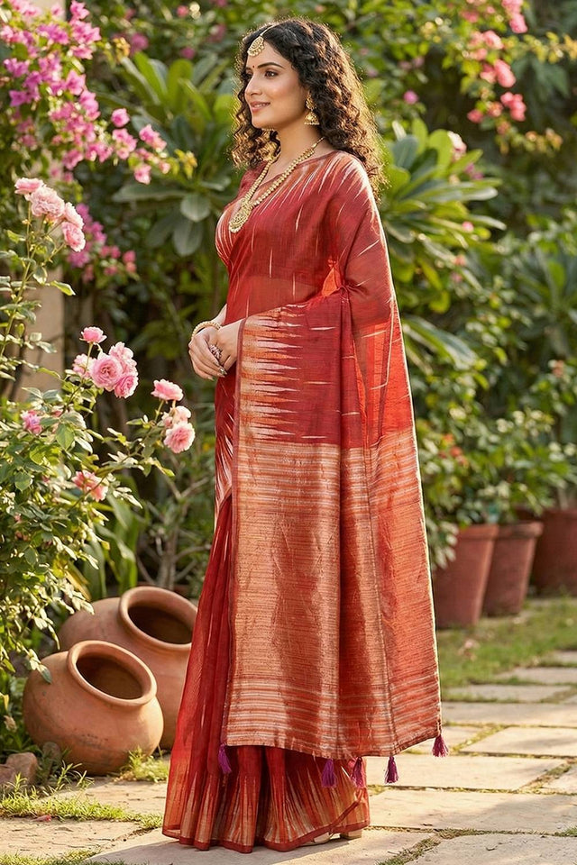 Maroon Woven Linen Saree (ACA5879)