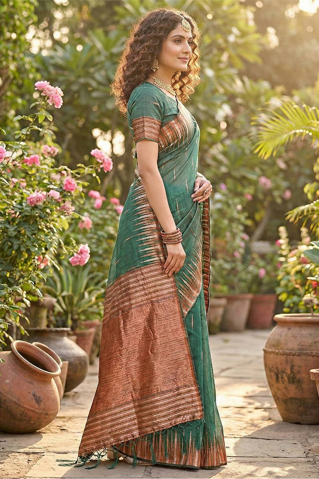 Green Woven Linen Saree (ACA5880)