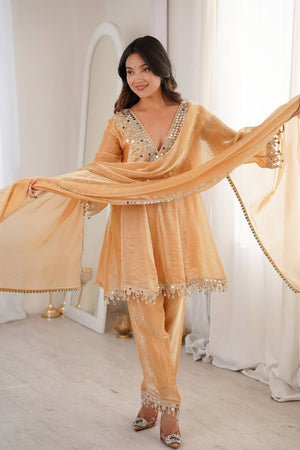 Brown Mirror Sequin Silk Kurti Pant Set (ACA5882)