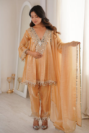 Brown Mirror Sequin Silk Kurti Pant Set (ACA5882)