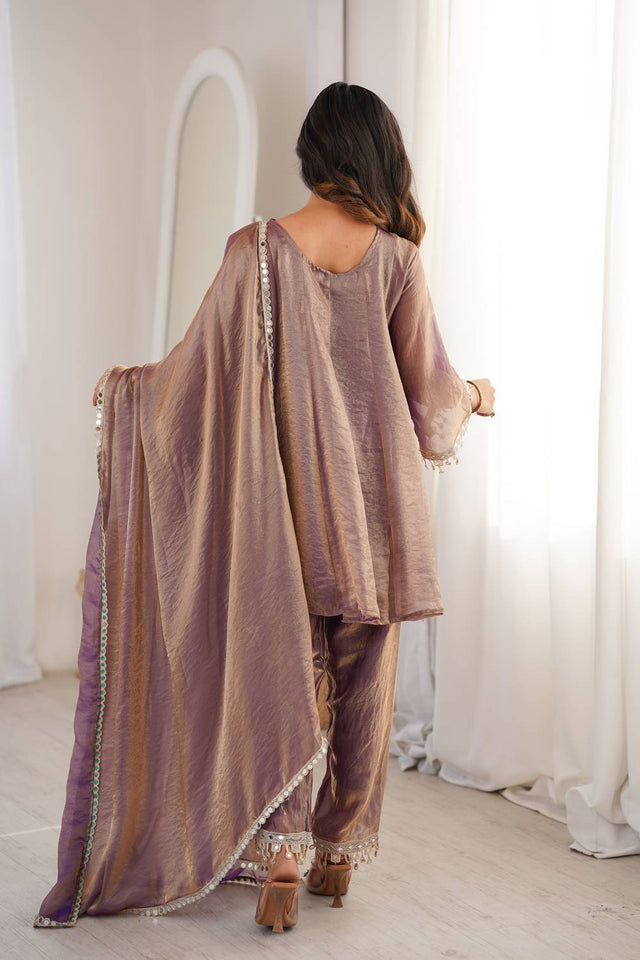 Violet Embroidered Silk Kurti Pant Set (ACA5883)