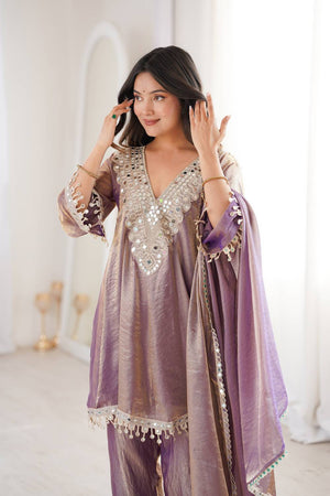 Violet Embroidered Silk Kurti Pant Set (ACA5883)