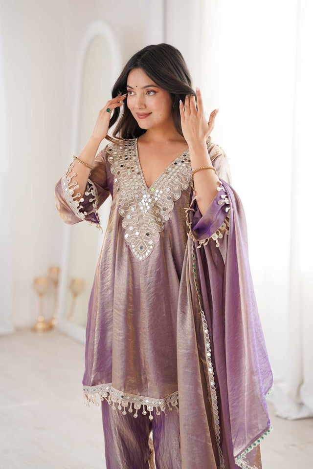 Violet Embroidered Silk Kurti Pant Set (ACA5883)