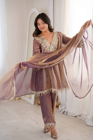 Violet Embroidered Silk Kurti Pant Set (ACA5883)