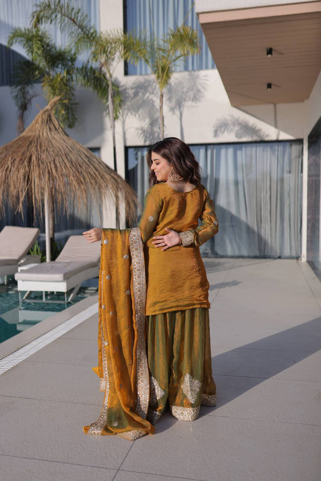 Gold Sequin with Embroidered Chiffon Sharara Suits (ACA5884)