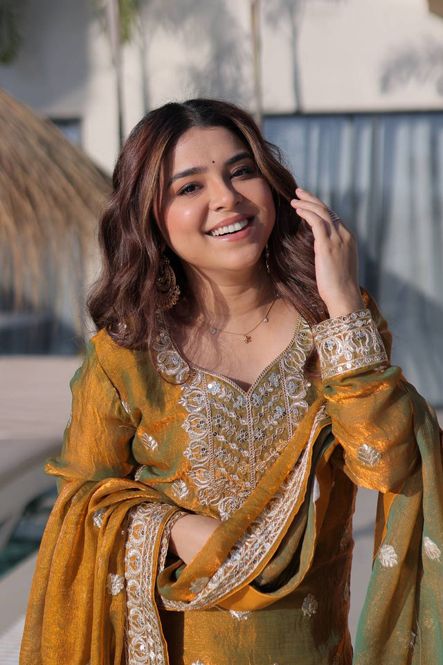 Gold Sequin with Embroidered Chiffon Sharara Suits (ACA5884)