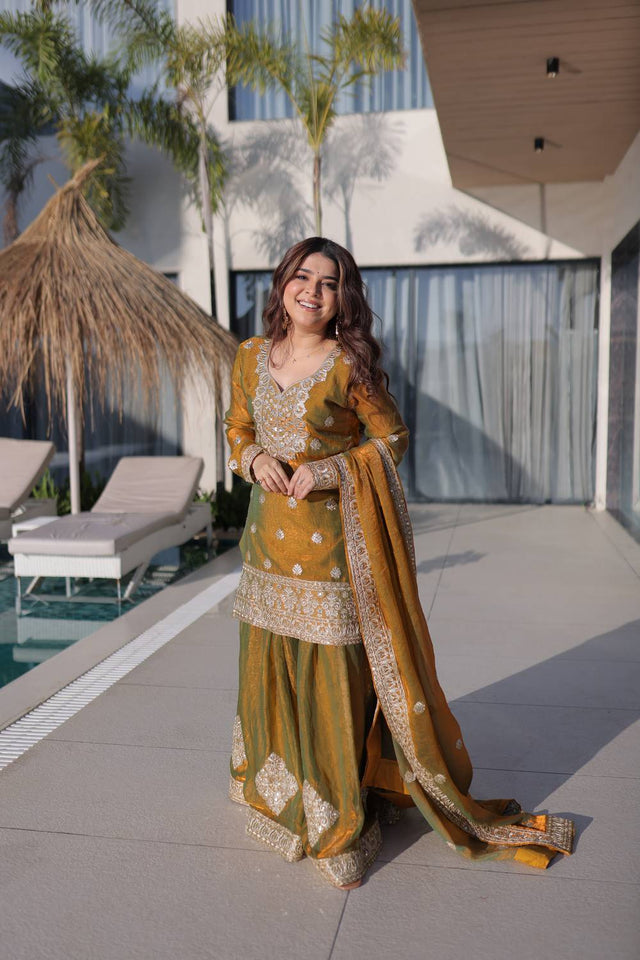 Gold Sequin with Embroidered Chiffon Sharara Suits (ACA5884)