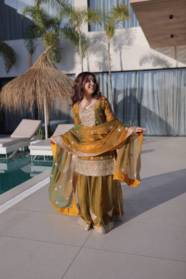 Gold Sequin with Embroidered Chiffon Sharara Suits (ACA5884)