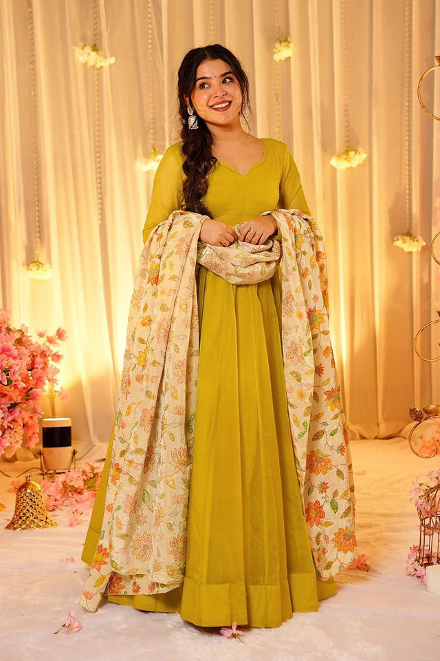 Mustard Solid Soft Silk Gown (ACA5885)