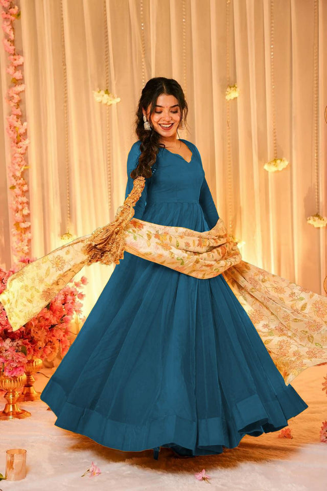 Blue Solid Soft Silk Gown (ACA5887)