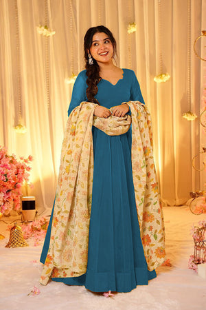 Blue Solid Soft Silk Gown (ACA5887)