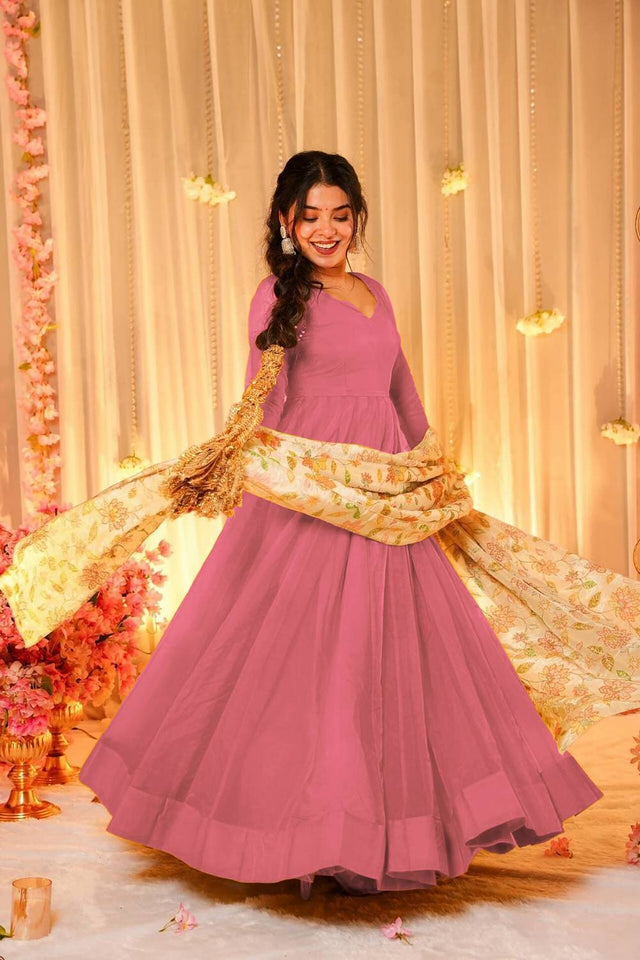 Pink Solid Soft Silk Gown (ACA5888)