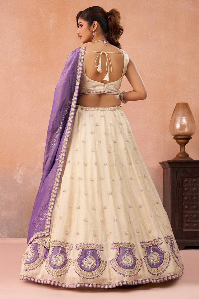 Cream Floral Embroidered Silk Lehenga (ACA5923)