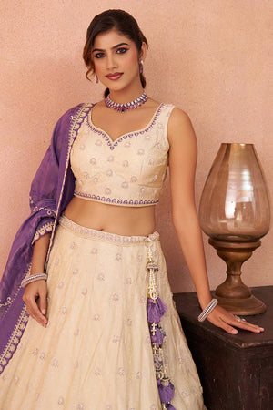 Cream Floral Embroidered Silk Lehenga (ACA5923)