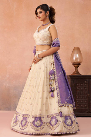 Cream Floral Embroidered Silk Lehenga (ACA5923)