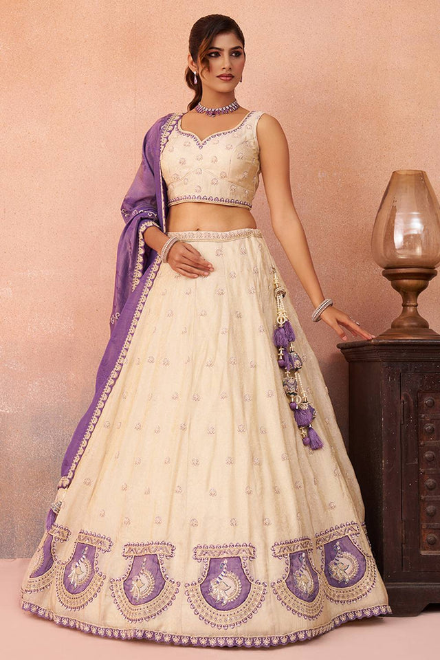 Cream Floral Embroidered Silk Lehenga (ACA5923)