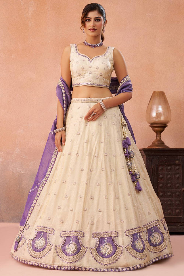 Cream Floral Embroidered Silk Lehenga (ACA5923)