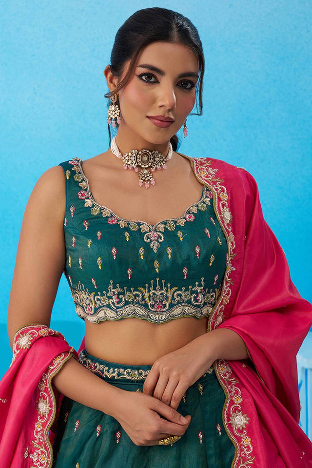 Turquoise Floral Embroidered Silk Lehenga (ACA5924)