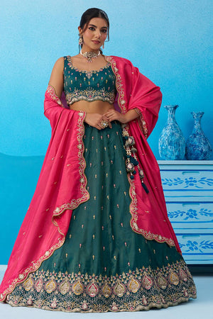 Turquoise Floral Embroidered Silk Lehenga (ACA5924)
