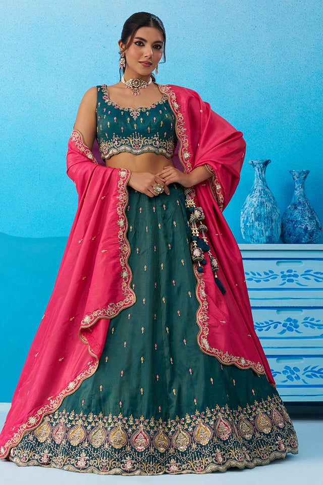 Turquoise Floral Embroidered Silk Lehenga (ACA5924)