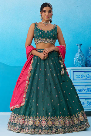 Turquoise Floral Embroidered Silk Lehenga (ACA5924)
