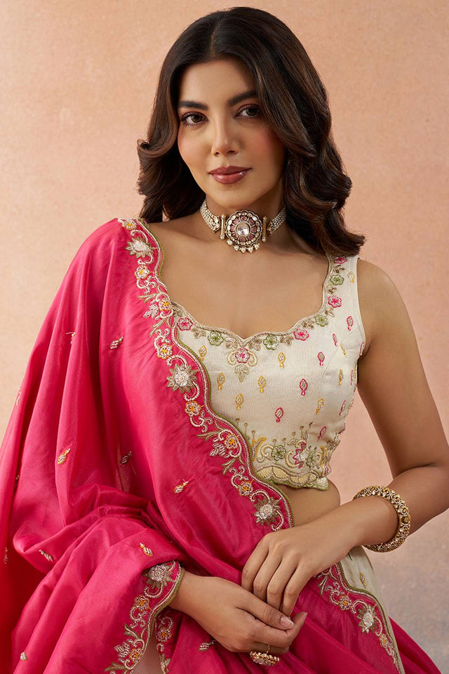 Cream Floral Embroidered Silk Lehenga (ACA5926)