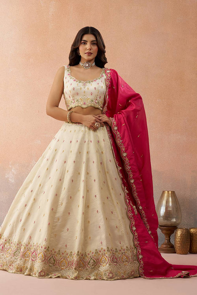 Cream Floral Embroidered Silk Lehenga (ACA5926)