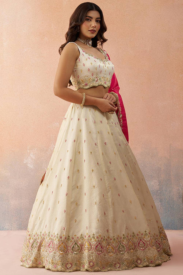 Cream Floral Embroidered Silk Lehenga (ACA5926)