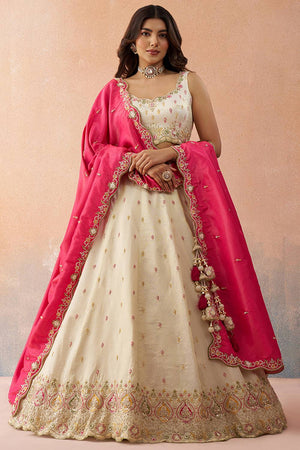 Cream Floral Embroidered Silk Lehenga (ACA5926)