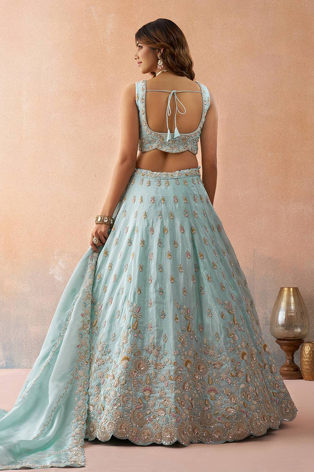 Blue Floral Embroidered Tissue Lehenga (ACA5927)