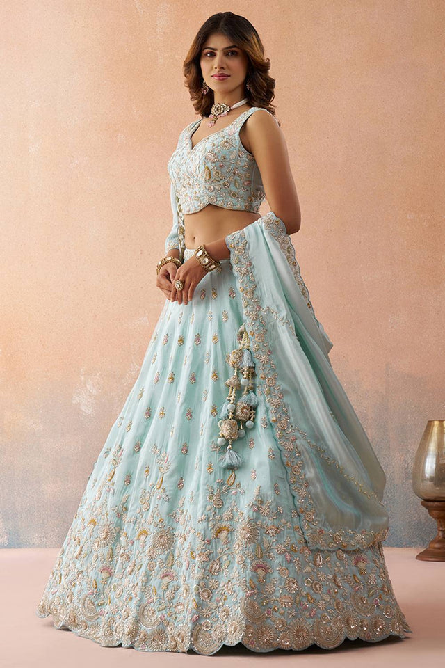Blue Floral Embroidered Tissue Lehenga (ACA5927)