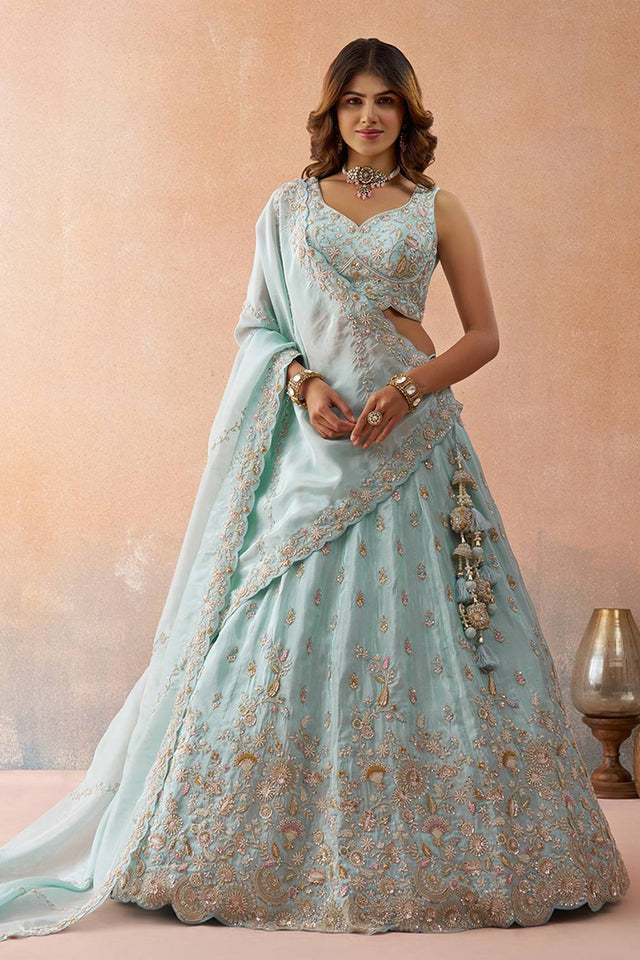 Blue Floral Embroidered Tissue Lehenga (ACA5927)